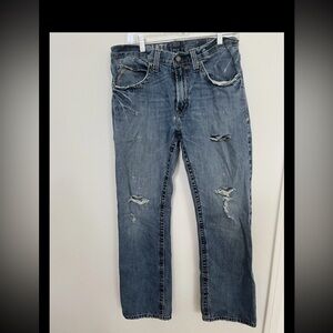 ARIAT Mens Jeans 31 X 32 Actual 32 X 31.5 Low Rise Boot Cut Distress Denim Blue